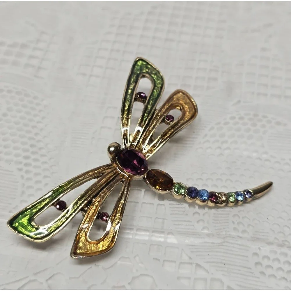 Monet Signed Dragonfly Multicolor Rhinestones Brooch Vintage Boho Summer Spring